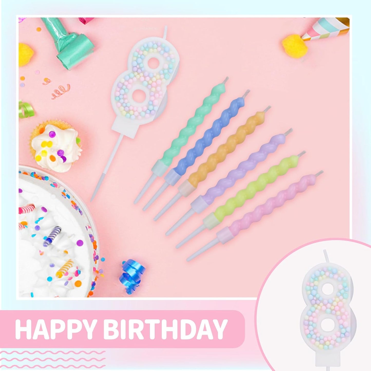 Number 8 Birthday Candles for Cake with 19 Pieces Spiral Candles with Macaron Pastel Rainbow Pink Cake Toppers for Girls Happy Birthday Party Decorations
