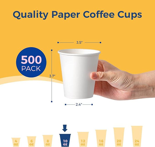 Fit Meal Prep 500 Pack 10 oz Disposable Paper Coffee Cups, Premium White Hot Cups for Hot/Cold Beverage, Durable Thickened Paper Cup Bulk for Party, Office, Bussines, Home, Bistros, Events