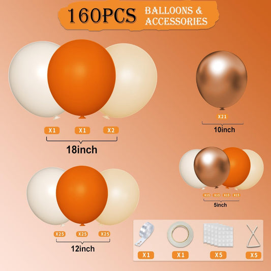 Fall Balloon Arch Kit, 160Pcs Orange White Metallic Copper Boho Thanksgiving Balloons Garland for Autumn Birthday Baby Shower Party Decorations