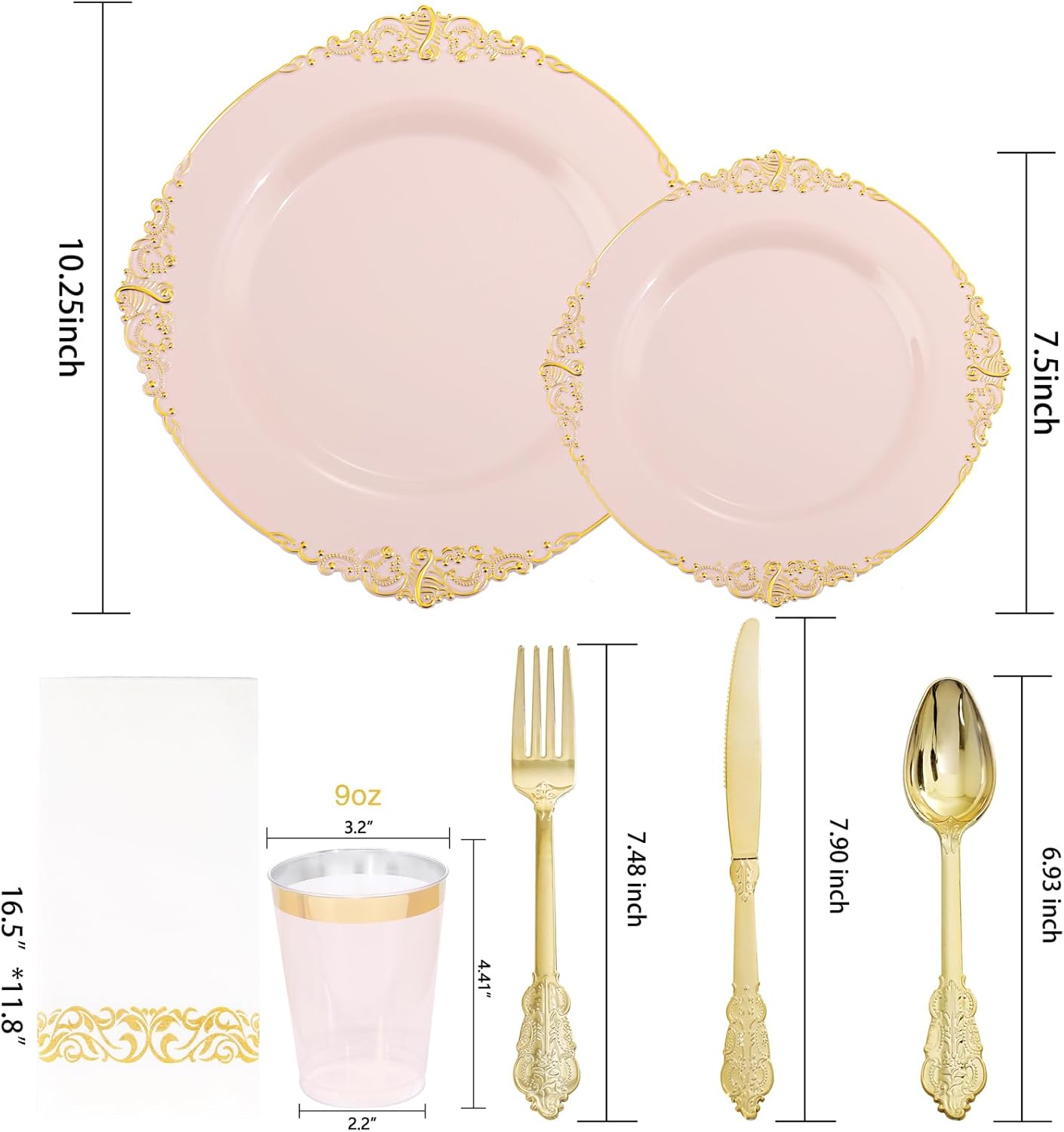 Morejoy 175pcs Pink Plastic Plates - Pink and Gold Disposable Plates, 10.25 inch Plastic Dinner Plates, Perfect for Wedding & Party & Holiday