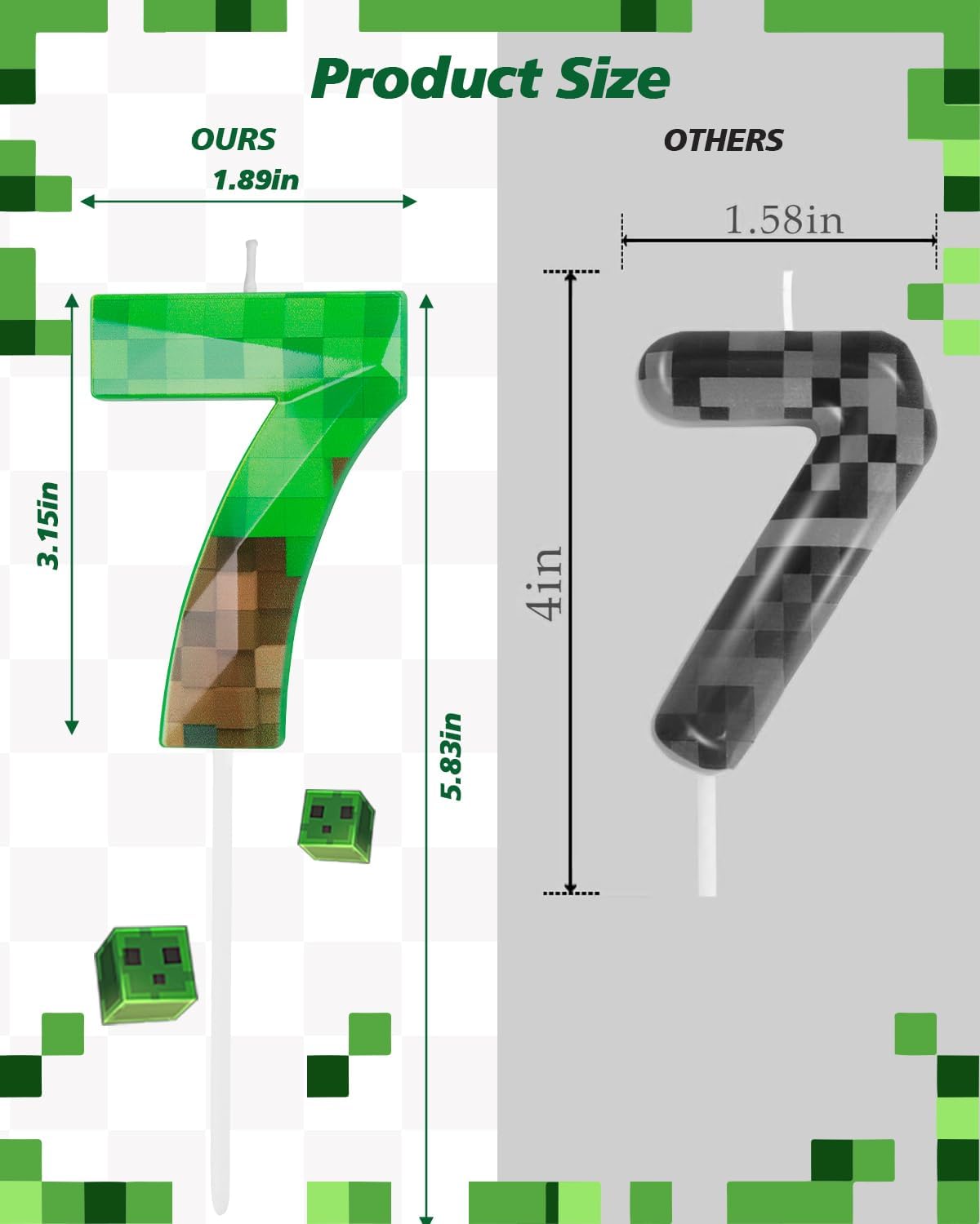 Pixel Birthday Candle, 2.68 Inch Miner Number Candles, Game Themed Candle Birthday Decoration for Pixel Theme Birthday Anniversary Dynamite Video Game Party (Green, 7)