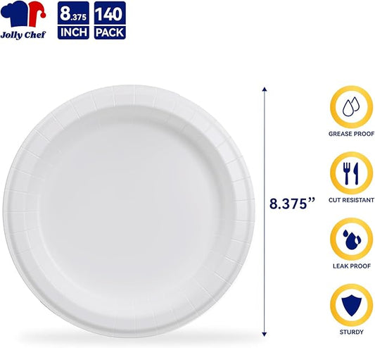 JOLLY CHEF 8.37 inch Disposable Paper Plates 140 Count, Heavy Duty Paper Plates for Everyday Use