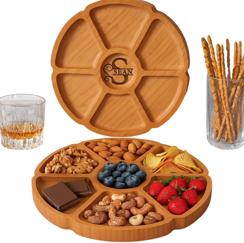 Custom Engraved Bamboo 9" Serving Tray – Personalized 7-Divided Flower Petal Platter, Perfect for Snacks, Appetizers, Charcuterie, Parties, Weddings, Housewarming, and Entertaining Gifts