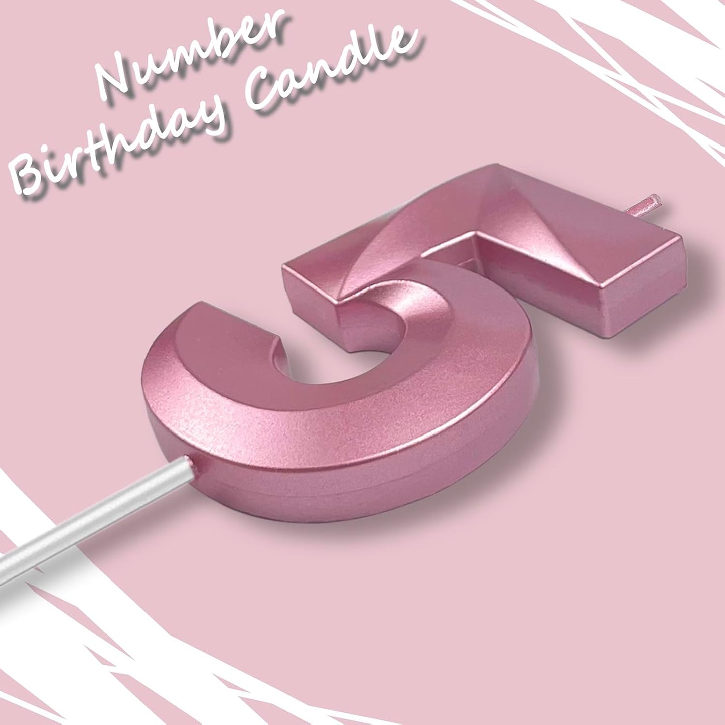 Pink Number 5 Candles, 3D Diamond 2.76 Inch Cake Topper Birthday Candles for Wedding Anniversary Cake Decorations, Happy Birthday Party Decorations