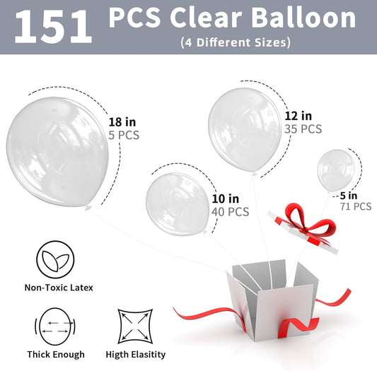 Labeol Clear Balloons Different Sizes 151PCS 18/12/10/5 Inch Clear Balloon Garland Arch Kit Quality Transparent Latex Balloons Decorations for Party Birthday Graduation Wedding