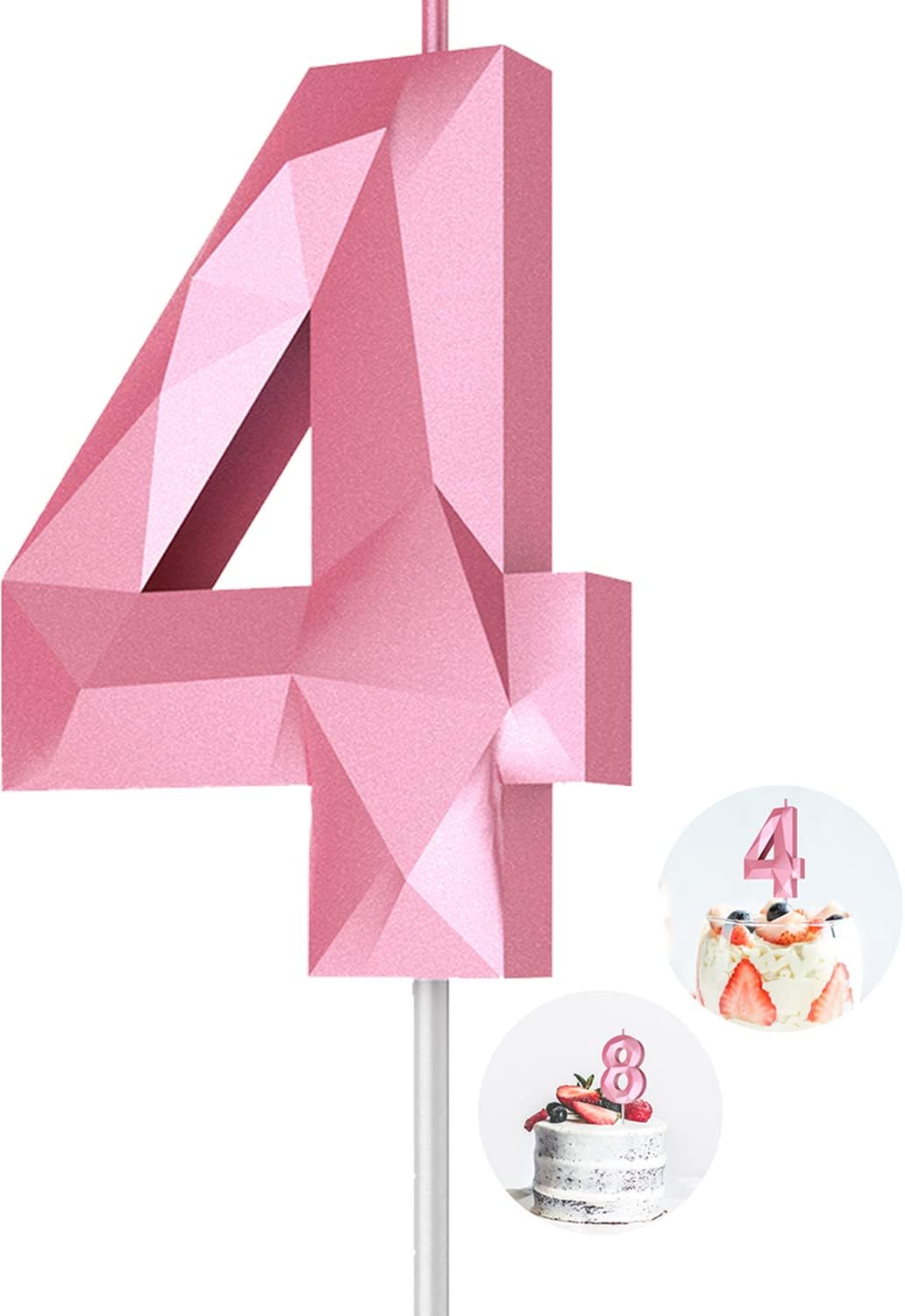 Number Birthday Candles(4 Candle Pink) 3D Diamond Shape 4th Happy Birthday Cake Topper Decorations for Girl Women Birthday Wedding Anniversary Celebration Theme Party Supplies