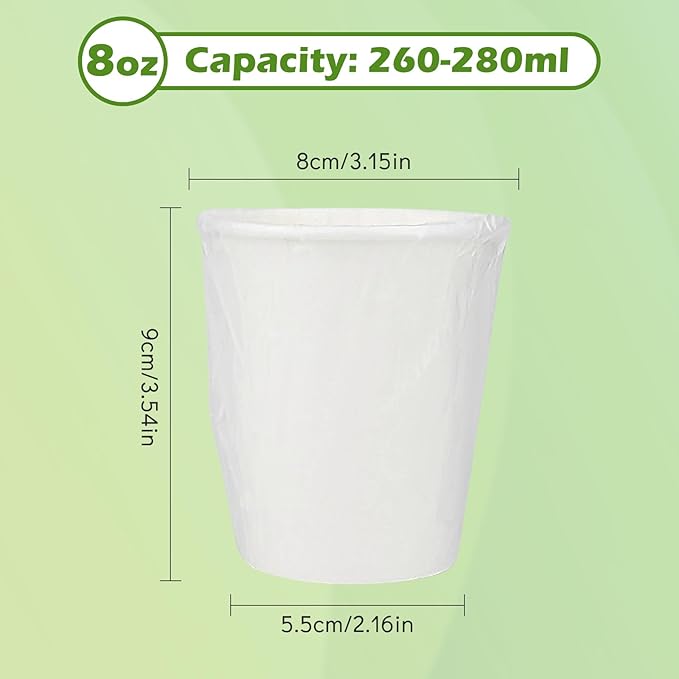 100 Pack 8 Oz Paper Cups,Individually Wrapped Cups for Hotel Motel Room,Disposable Coffee Cups for Cafes Bistros Parties (White)