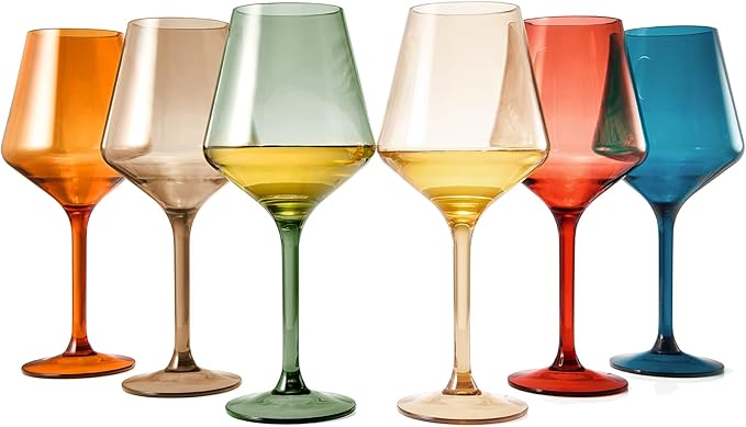European Style Plastic Crystal, Stemmed Wine Glasses | Set of 6 | Acrylic Tritan Drinkware, Unbreakable Muted Color Shatterproof BPA-free, Reusable, Floating Pool & Indoor & Outdoor, Hand Wash 15oz