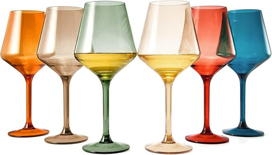 European Style Plastic Crystal, Stemmed Wine Glasses | Set of 6 | Acrylic Tritan Drinkware, Unbreakable Muted Color Shatterproof BPA-free, Reusable, Floating Pool & Indoor & Outdoor, Hand Wash 15oz