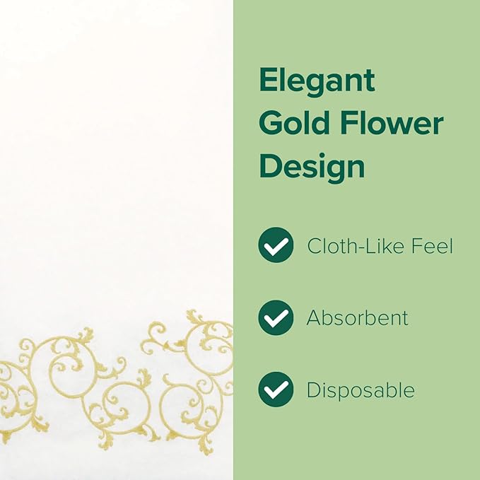 SimuLinen Gold Floral Disposable Linen Feel Bathroom Paper Towels - Soft, Cloth-Like, Single-Use, 12"x17" 100ct (Made in USA)