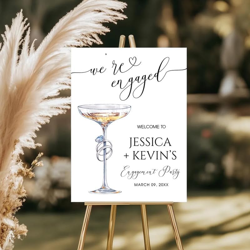 Elegant Ring & Champagne Glass Welcome Sign - "We're Engaged" Calligraphy Decor for Couples