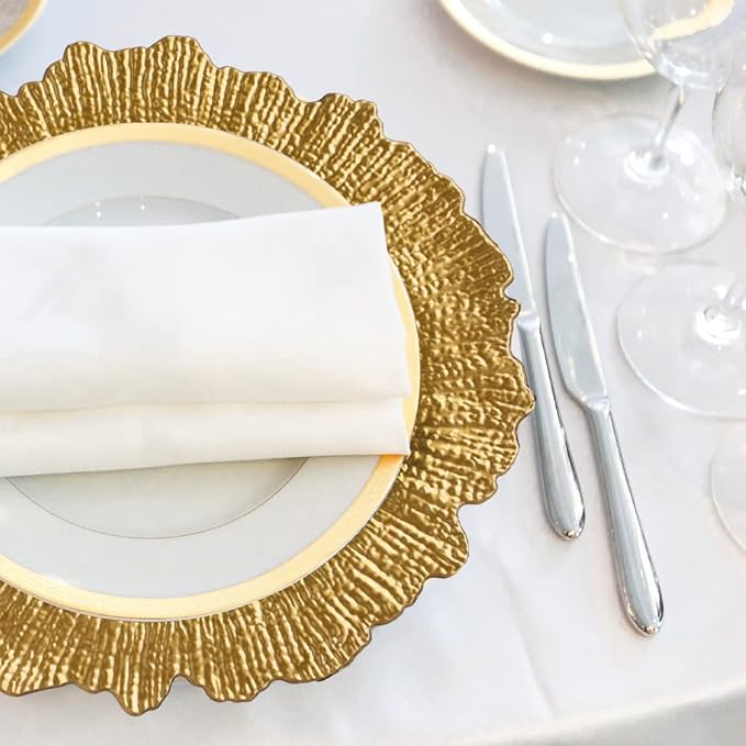 6Pcs Reef Charger Plates, Plastic Dinner Plate Chargers Round Server Ware, Gold