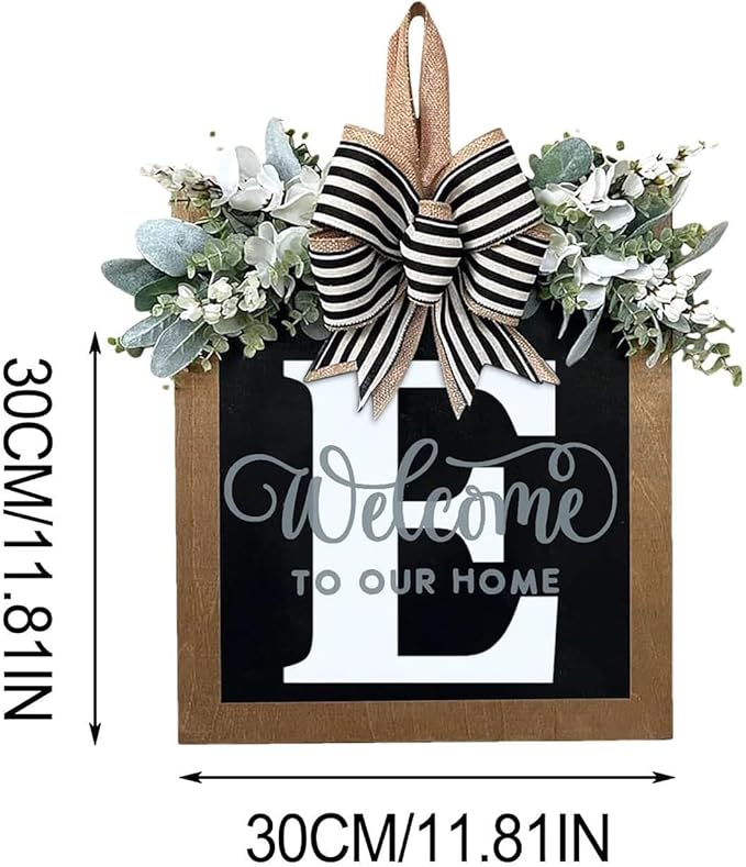 Last Name Year Round Front Door Wreath Front Porch Decoration 26 Letter Welcome Sign with Eucalyptus Garland and Bow Spring Wreaths for Front Door Outside Hanger Garland（E）