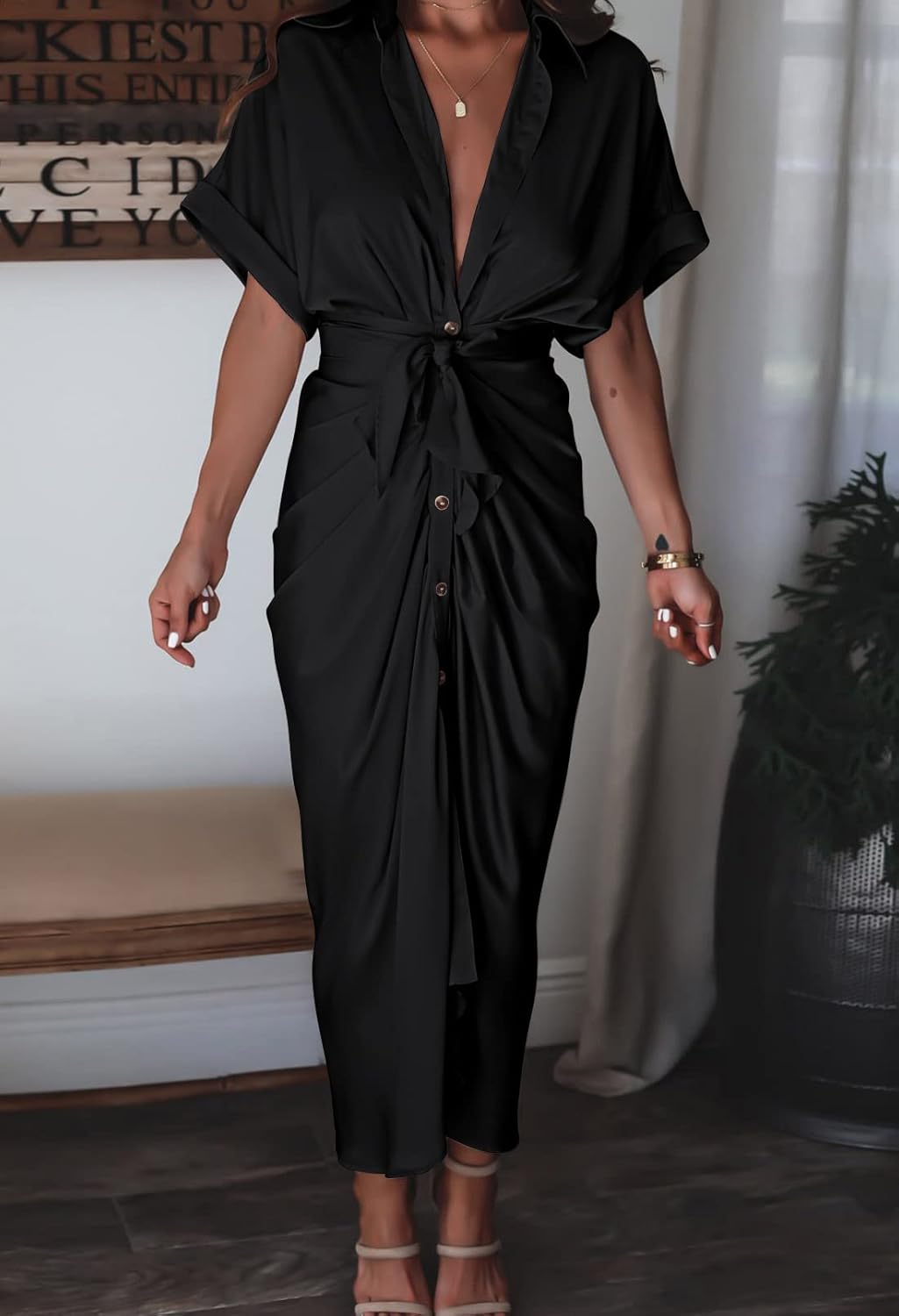 Women Elegant Satin Button Down Short Sleeve Maxi Shirt Dress with Belt