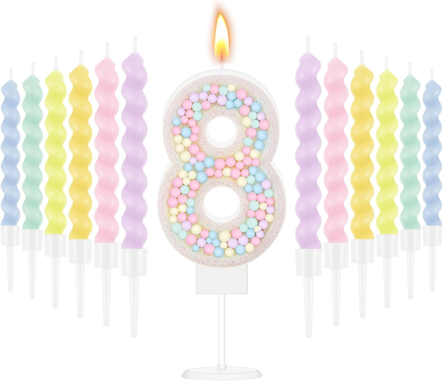 MTLEE Number 8 Birthday Candle with 12 Pcs Spiral Candles for Girls Macaron Pastel Rainbow Unicorn Pink Cake Topper for Sweet Theme Party Decoration