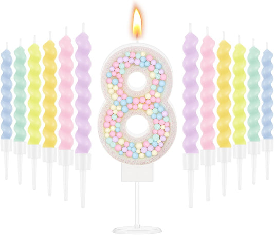 MTLEE Number 8 Birthday Candle with 12 Pcs Spiral Candles for Girls Macaron Pastel Rainbow Unicorn Pink Cake Topper for Sweet Theme Party Decoration