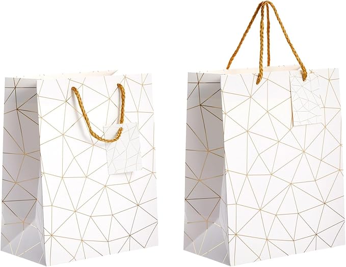Sparkle and Bash Party Favor Bags - 8" x 10" x 4.5", Medium White & Gold, 16 Pack - Geometric Foil w/Rope Handles & Tags - Reusable Thank You Gift & Mini Gift Bags for Wedding, Bridal & Baby Showers