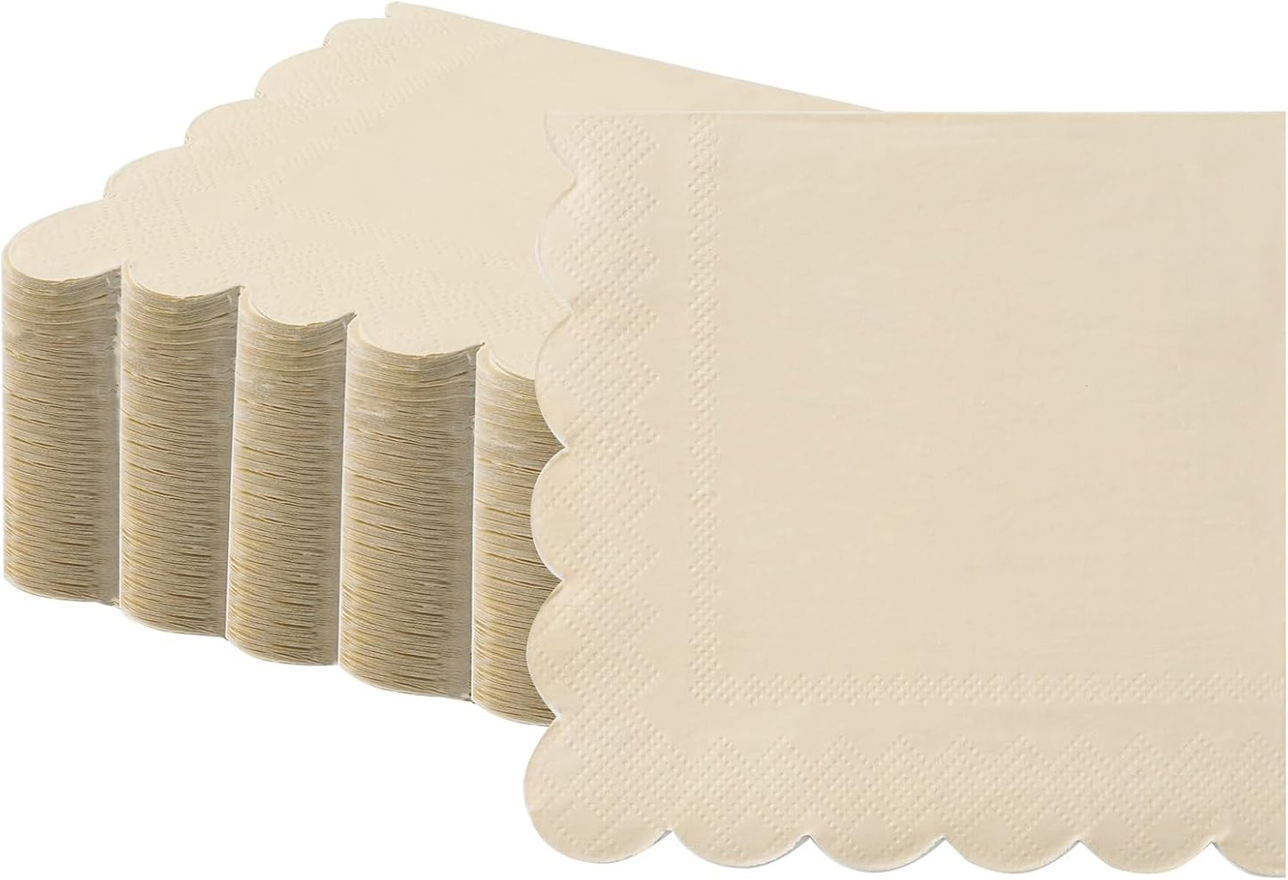 100 Cream Scalloped Cocktail Napkins, 3 Ply 5 x 5 Inch Beverage Napkins Paper Napkins Disposable Luncheon Napkins for Wedding Birthday Party Bridal Anniversary Baby Shower