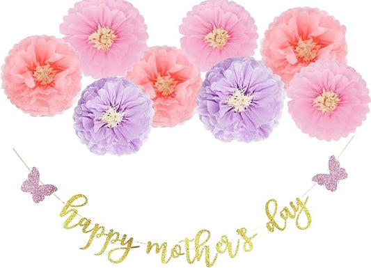 Mother’s Day Party Balloons Kit Decorations 16 inch Foil Balloon Set Happy Mother's Day Best Mom Balloon Set Decoration for Mother's Day (purple flower Banner set)
