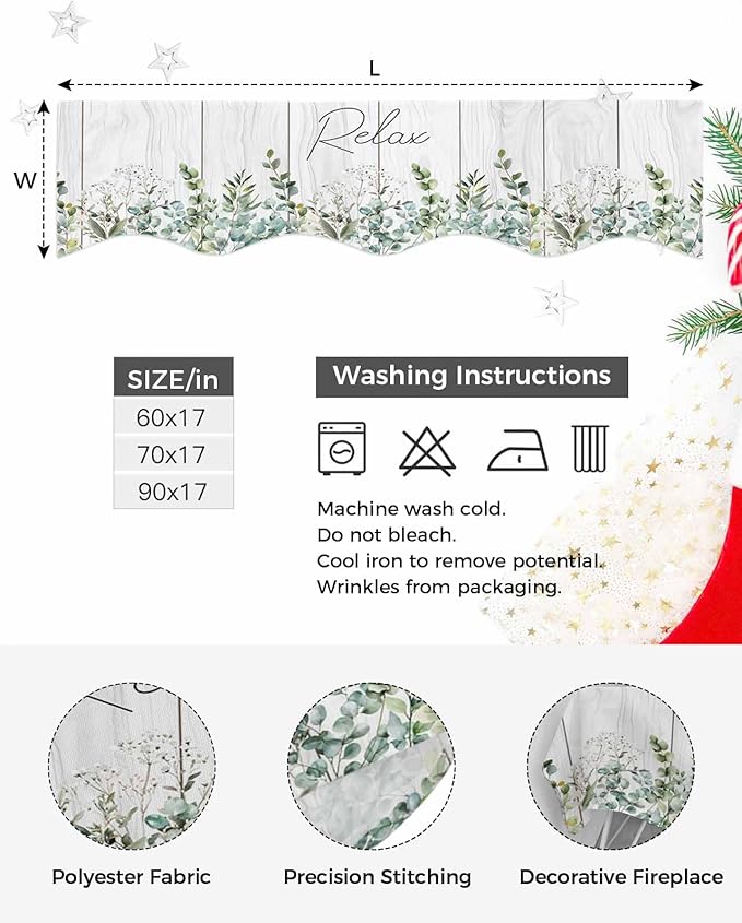 Green Eucalyptus Leaves Fireplace Mantel Scarf Table Runner, Summer Botanical Vintage Wooden Winter Garland Mantel Top Tablerunners Dresser Scarves Decorations for Windows Party Living Room 70''x17''