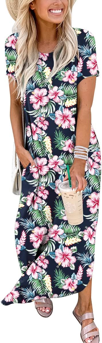 ANRABESS Womens Summer Maxi Dress Short Sleeve Casual Loose Long T Shirt Dresses Split Vacation Beach Sundress Travel Outfits