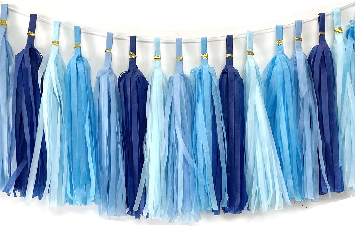 Tissue Paper Tassels Paper Tassels Garland Banner Table Decor Party Tassels Banner Wedding Birthday Baby Shower Nursey Party Decorations Supplies (20, Lt-Blue+Blue+Sky Blue+Royal Blue)