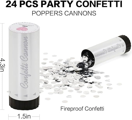 Confetti Cannon 24 Pack Small Silver Confetti Poppers ideal for Weddings, Birthdays, Graduations, Baby Showers, New Year's Eve Parties Fun Party Decorations