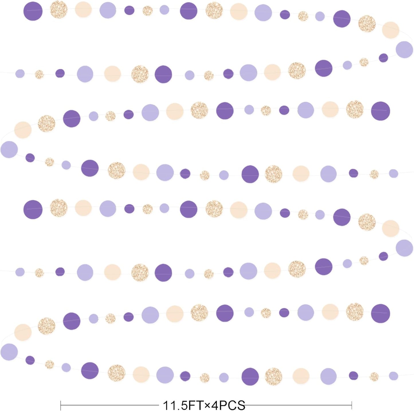 Champagne Gold Purple Cream Nude Polka Dots Garland Lavender Hanging Paper Circle Dot Streamer for Birthday Wedding Engagement Baby Shower Bridal Shower Lilac Violet Theme Party Decorations Supplies