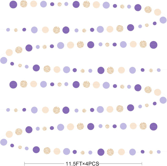 Champagne Gold Purple Cream Nude Polka Dots Garland Lavender Hanging Paper Circle Dot Streamer for Birthday Wedding Engagement Baby Shower Bridal Shower Lilac Violet Theme Party Decorations Supplies