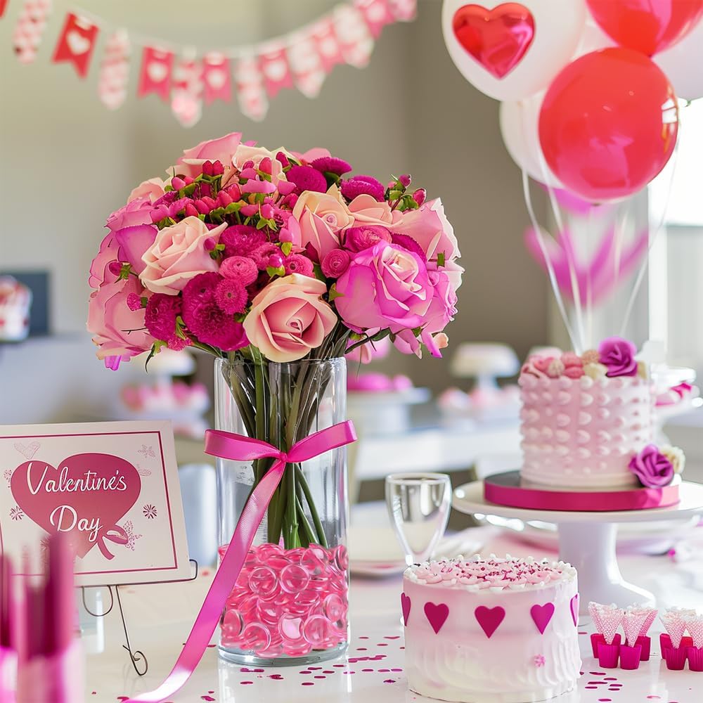 HappyFiller Bright Pink Wedding Centerpieces Party Decor 630 PCS 0.6 Inch Acrylic Flat Marbles Vase Fillers Gems Cabochons Dome Tiles,Crafts,Photo Charm,Table Scatter,Makeup Brush,Candle Holder