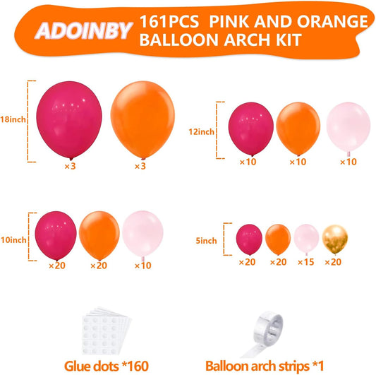Pink and Orange Balloon Arch Kit, ADOINBY 161Pcs Hot Pink Orange Metallic Gold Latex Balloon Garland kit, 18 12 10 5 Inch Different Size Balloons for Birthday Baby Shower Wedding Party Decorations