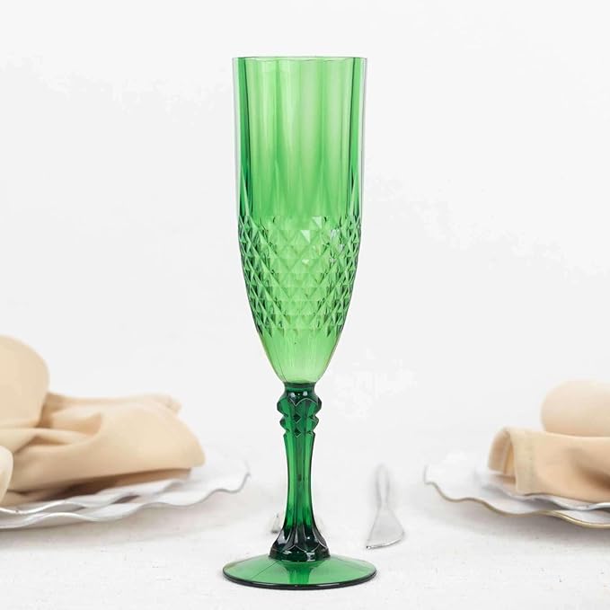 Efavormart 6-Pack Champagne Glasses, 8oz Shatterproof Plastic Crystal Cut Toast Flutes, Hunter Green for Party Celebration Wedding