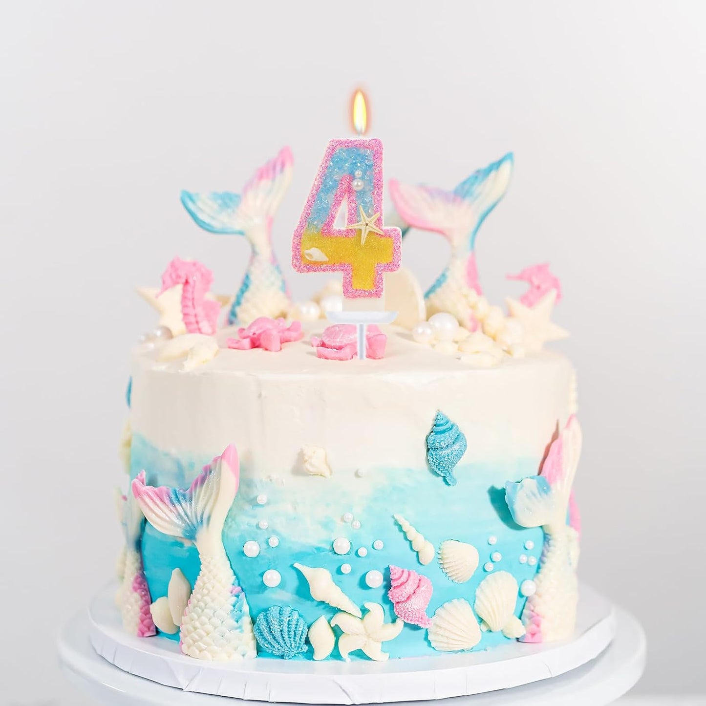4th Birthday Candle for Cake, Pink Beach Starfish Sequins Number Cake Candles, 2.76 inch Pink Cake Topper Decoration for Birthday Party (Number 4)