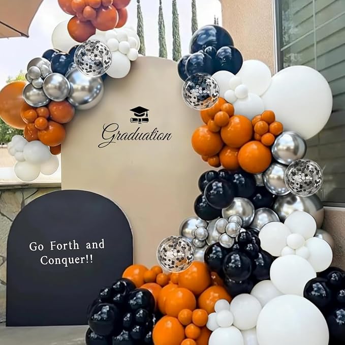 Orange Black White Silver Balloon Garland Arch Kit, 167Pcs Latex Balloons Different Sizes 18 12 10 5 inch for Birthday Graduation Halloween Basketball Theme Party Decoration