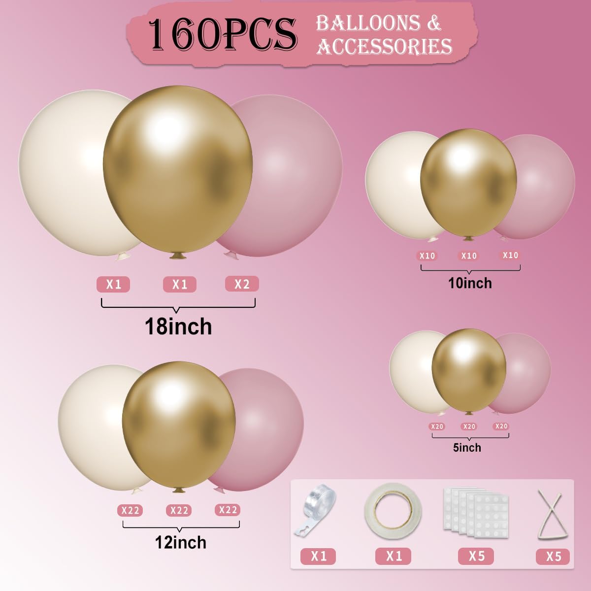 Pink White Gold Balloon Garland Arch Kit, 160Pcs Pastel Pink Matte White Metallic Gold Balloons for Girls Birthday Baby Shower Wedding Bridal Shower Party Decorations