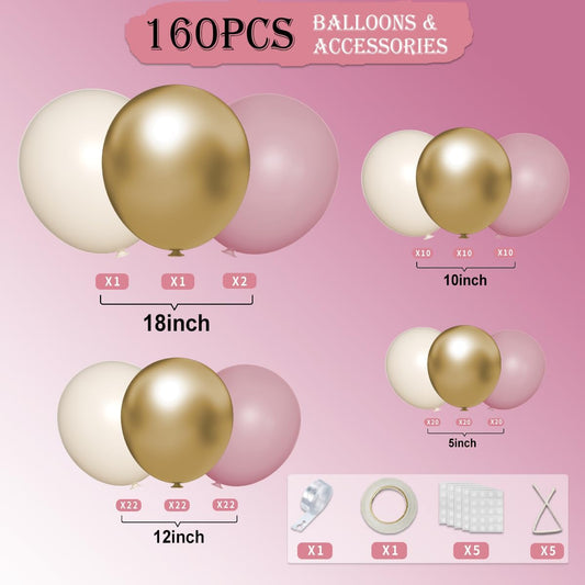 Pink White Gold Balloon Garland Arch Kit, 160Pcs Pastel Pink Matte White Metallic Gold Balloons for Girls Birthday Baby Shower Wedding Bridal Shower Party Decorations