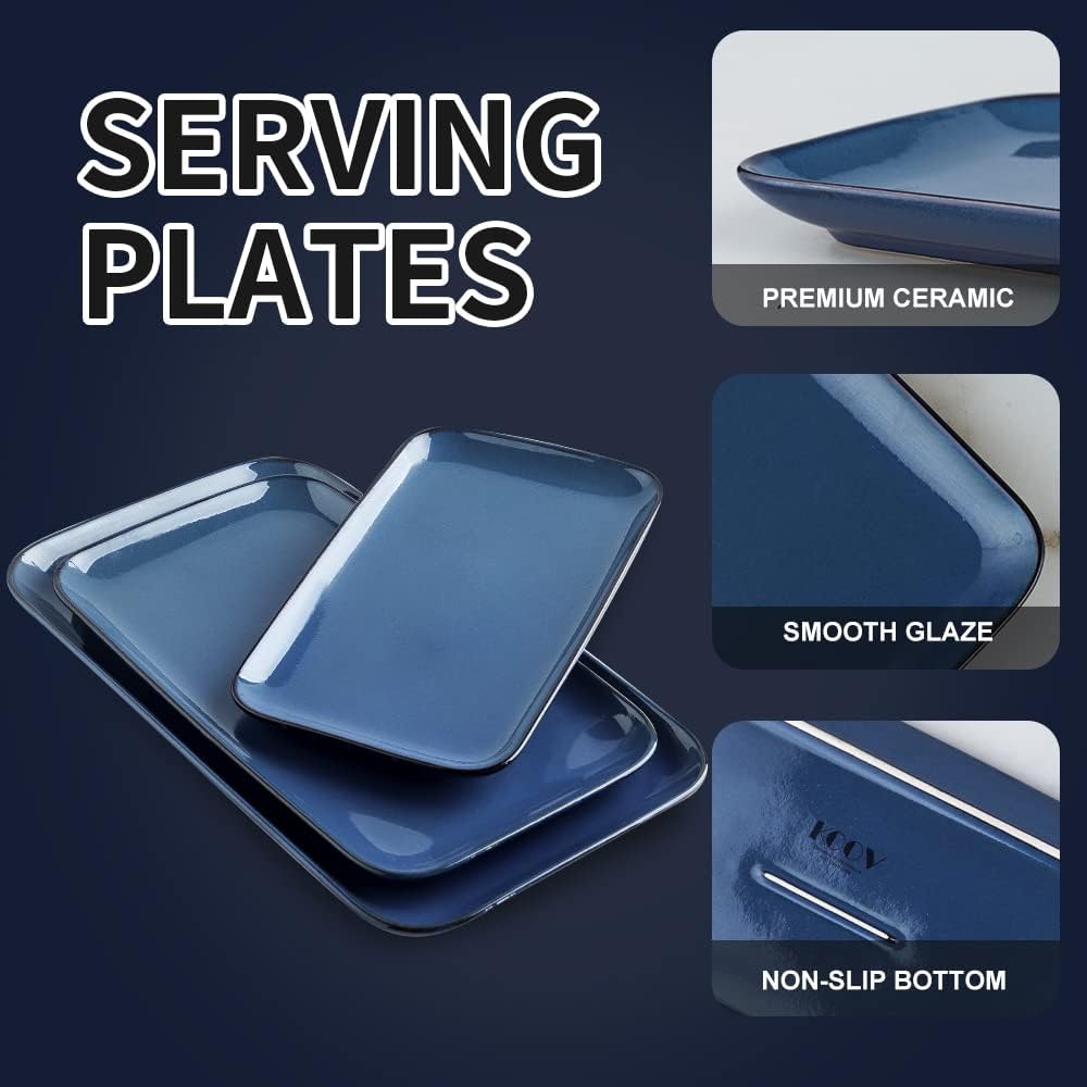 KOOV Rectangular Serving Tray, 14/12/10 Inch Large Serving Platter, Crockery Serving Plates with 3 Sizes, Ceramic Serving Dishes for Party, Food, Appetizers, Set of 3, Blue