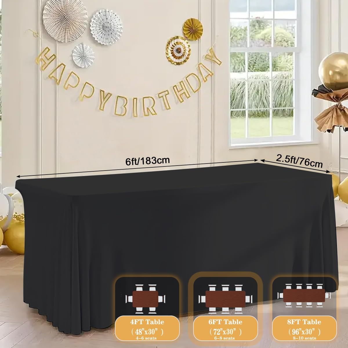HAORUI Open Back Table Skirts, 4Pack Rectangle Wrinkle Resistant Table Clothes, Ruffles Elastic Table Cover for Banquets, Weddings, Parties (6ft Black)
