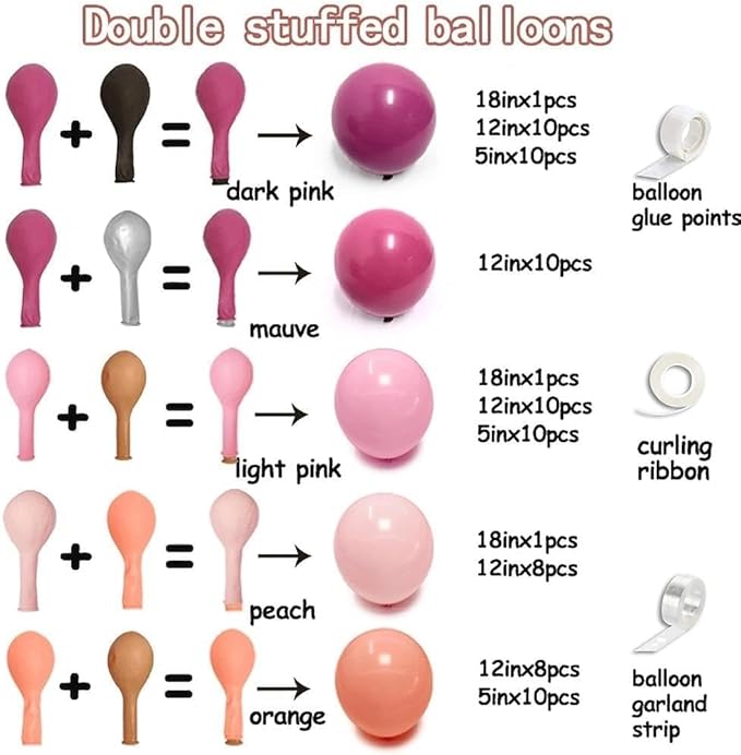 Hot Pink Balloon Arch Kit, Double Stuffed Dark Pink Peach Balloon Garland Fiesta Magenta Balloons Set for Valentine's Day Mother Birthday Bridal Shower Wedding Bachelorette Party Decorations