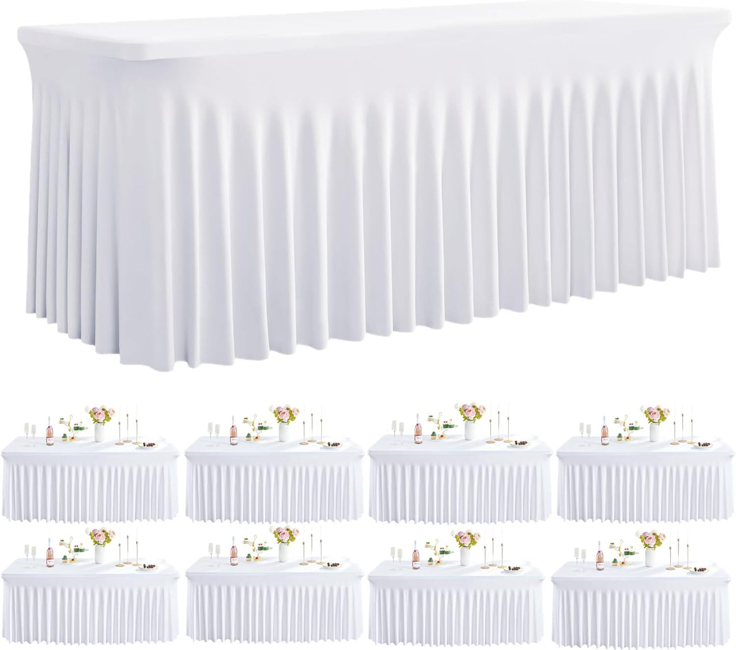 Outpain 8ft Spandex Table Cloth for Standard Folding Tables-8Pack White Table Cloth Table Protector for Party, Wedding, Cocktail, Banquet, Festival