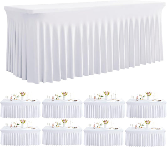 Outpain 8ft Spandex Table Cloth for Standard Folding Tables-8Pack White Table Cloth Table Protector for Party, Wedding, Cocktail, Banquet, Festival