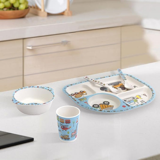 Kids Feeding Set 5 Pcs, Tableware Set for Toddlers Includes Plate Bowl Cup Fork and Spoon Utensil Flatware, Kids Flatware Set Dishwasher Safe, BPA Free (Construction)