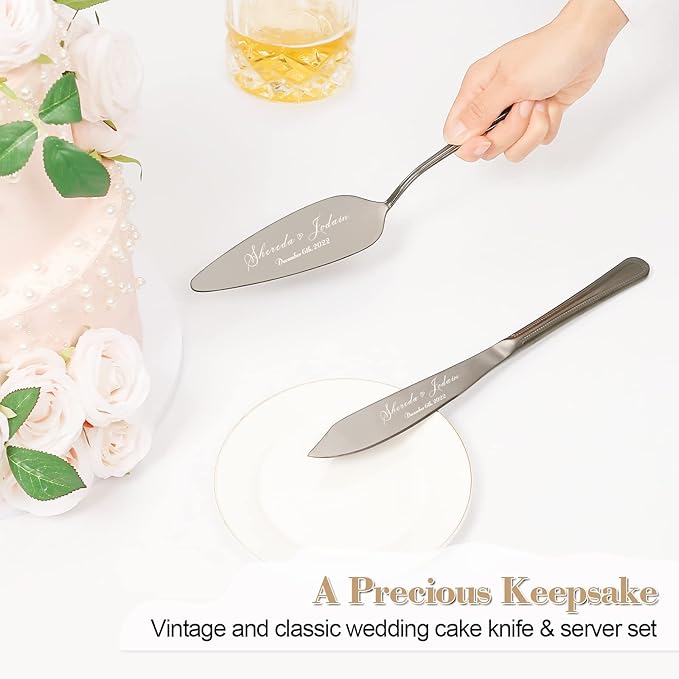 Cake Cutting Set for Wedding, Personalized Wedding Cake Knife and Server Set, Vintage Engraved 2-Piece Pie Pizza Cutter Serving Set, Custom Bridal Anniversary Birthday Quinceañera Gift(Black)