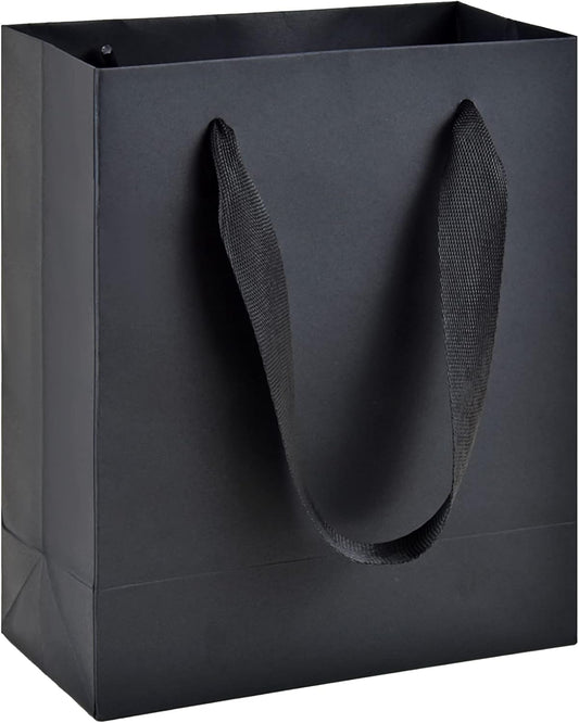 HUAPRINT 30 Pack Black Gift Bags with Ribbon Handles,6x3x7.5 inch Paper Bag Bulk for Shopping Party Favor Merchandise Business Wedding