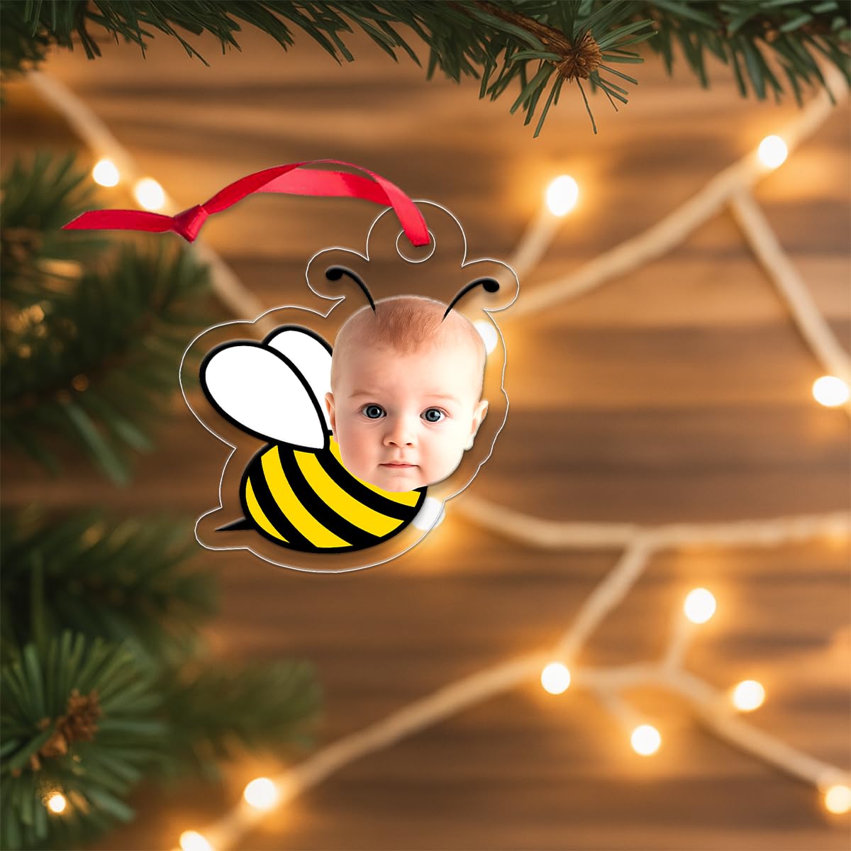 Custom Photo Baby Face Bee Ornament, Custom Photo Christmas Ornament, Baby’s First Christmas Keepsake, New Parents Gift Acrylic Ornament – Personalized Christmas Tree Decoration,