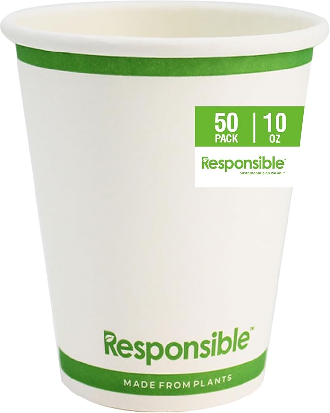 Responsible Products Certified Compostable 10 oz Paper Cups, Cold ＆ Hot Coffee Cups, Disposable Paper Cups, Extra Strength Disposable Cups, Made without PFAS (50 count)