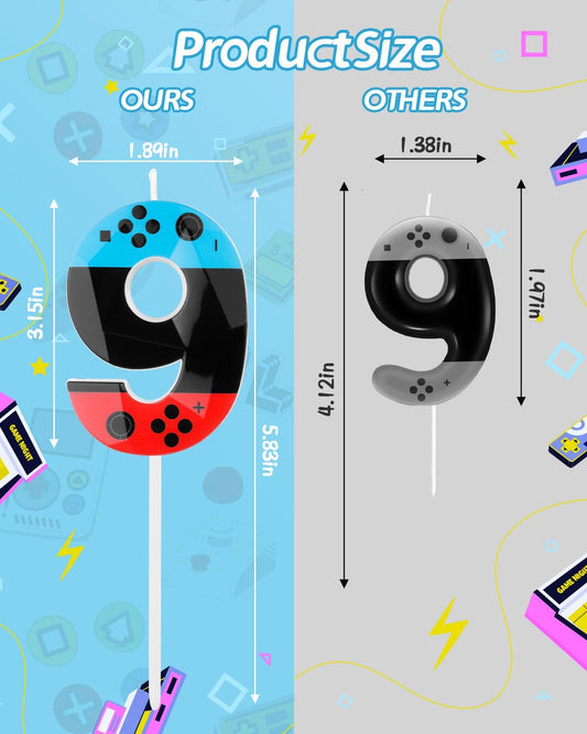 Number 9 Level Birthday Candles, 2.68 inch Gamer Candles, Red Blue Birthday Candles, Game Controller Gamepad Candles,Video Game Controller Themed Kids Boy Girl Party Supplies