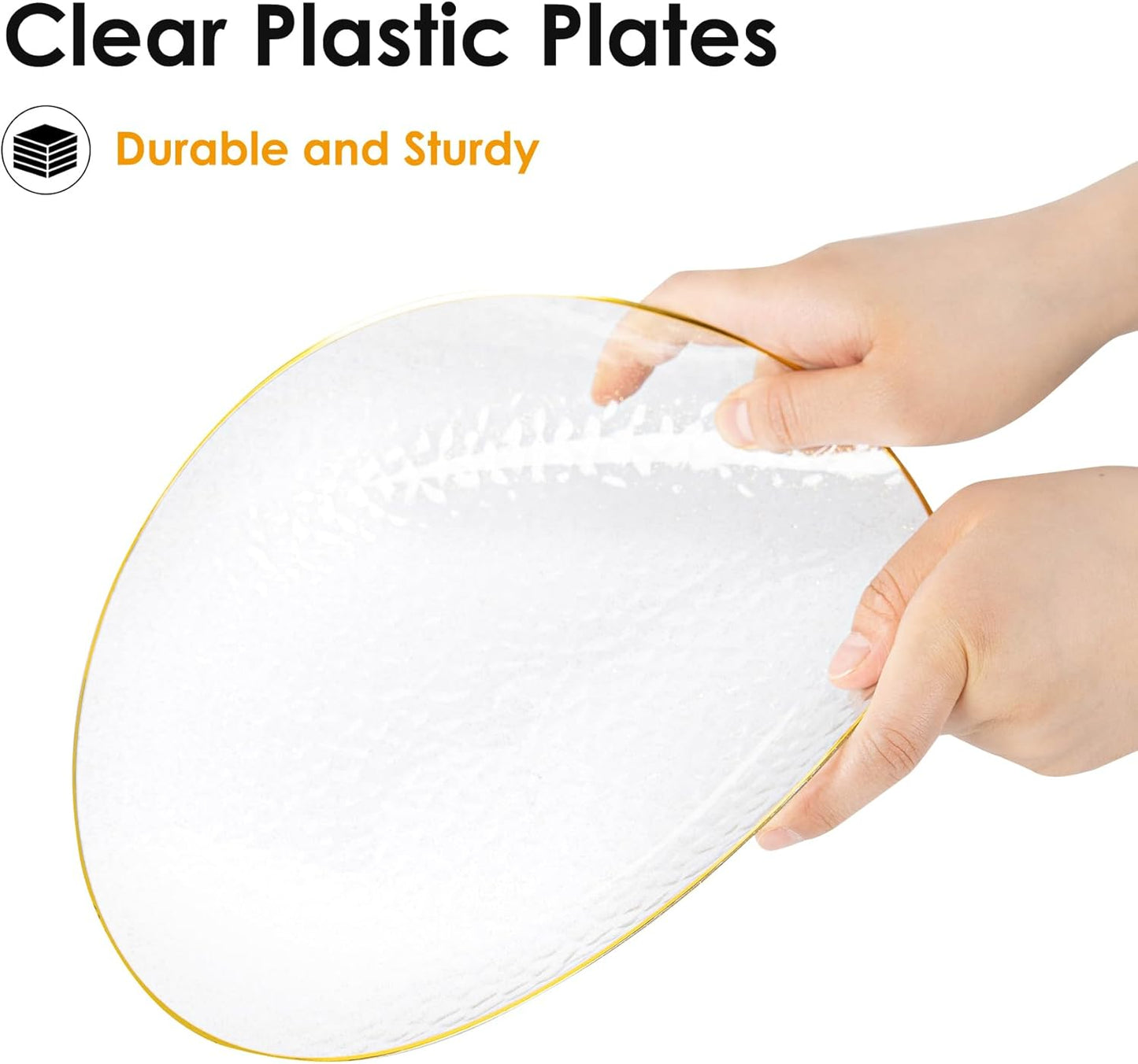 Lullaby 100PCS Clear Plastic Plates with Gold Rim, Includes 50pcs Dinner Plate 10” and 50pcs Dessert Plate 7”, Disposable Heavyduty Plates for Birthdays, Parties and Wedding