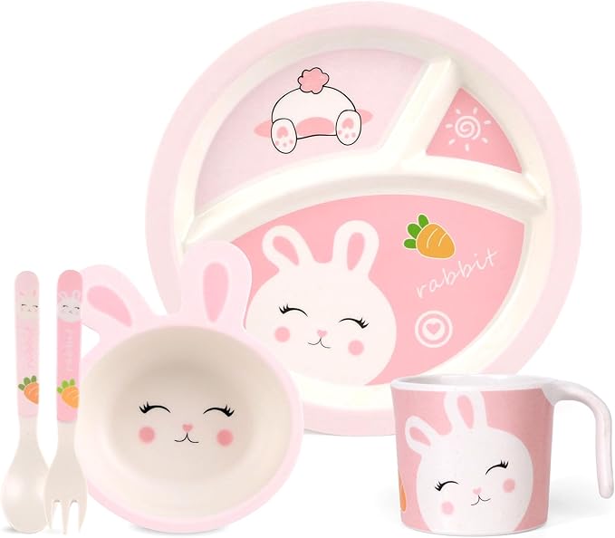 Kids Dinnerware Set, Includes Toddler Plate Bowl Tumbler and Utensils, BPA Free Bamboo Fiber Material Perfect for Little Girls (Pink - Rabbit Theme)