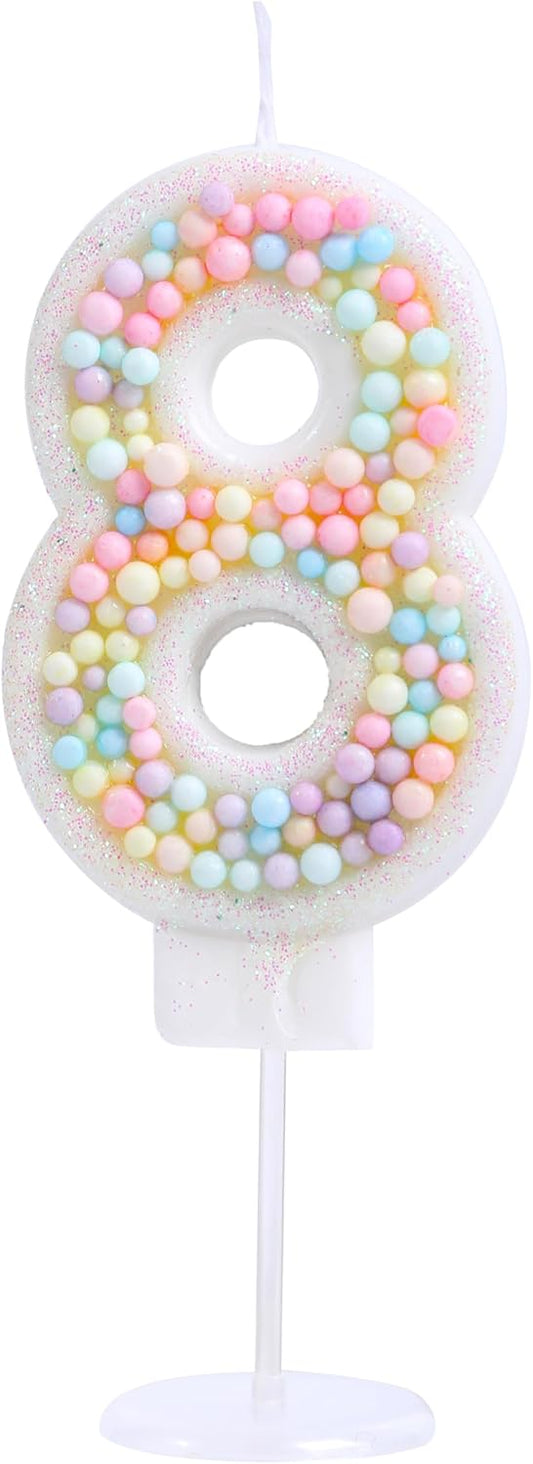 Pastel 8 Birthday Candle 3D Macaron Candy Glitter Number 8 Candle Birthday Girl Women Sweet Theme 8th Birthday Wedding Anniversary Party Cake Decoration